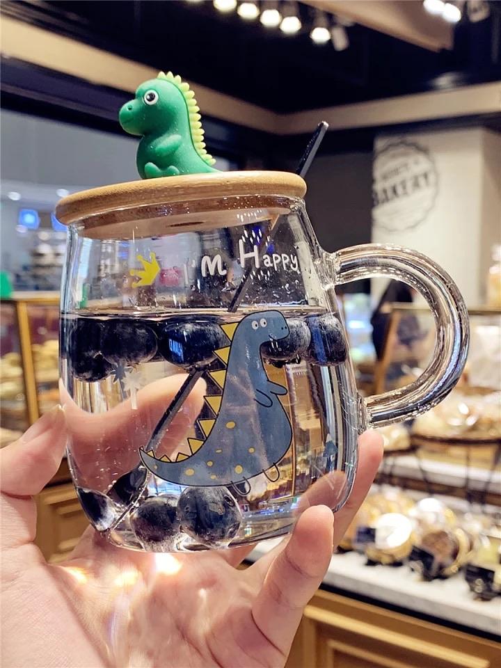Taza de vidrio transparente con tapa y pajita, vaso de cristal dinosau –  Mychinashopstore